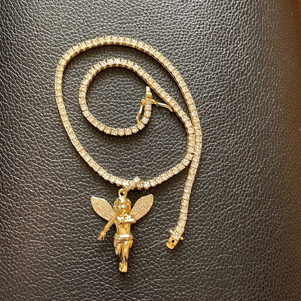 Icy hip hop gold Angel diamonds pendant with tennis necklace